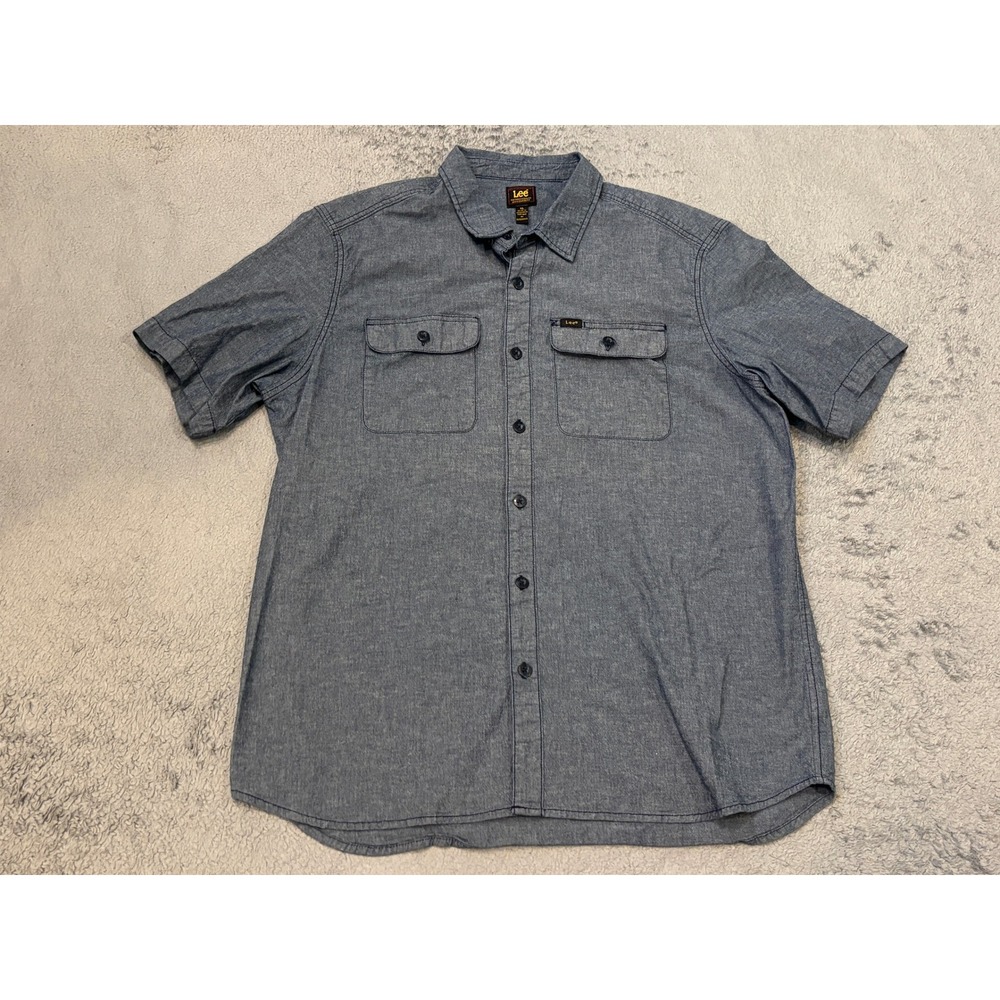 Lee Mens XL Blue Chambray Short Sleeve Button Down Shirt 112333467 Stretch
